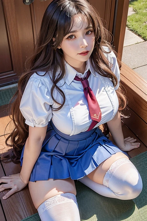 Realistic, High resolution, 1 female, Mature Woman, alone, Full-body shot from a low angle、Displaying the viewer, (Detailed face), Wavy Hair, Long Hair, school uniform, mini skirt、Ample breasts、(Over the knee socks)、Curved waist、plump buttocks、Thighs