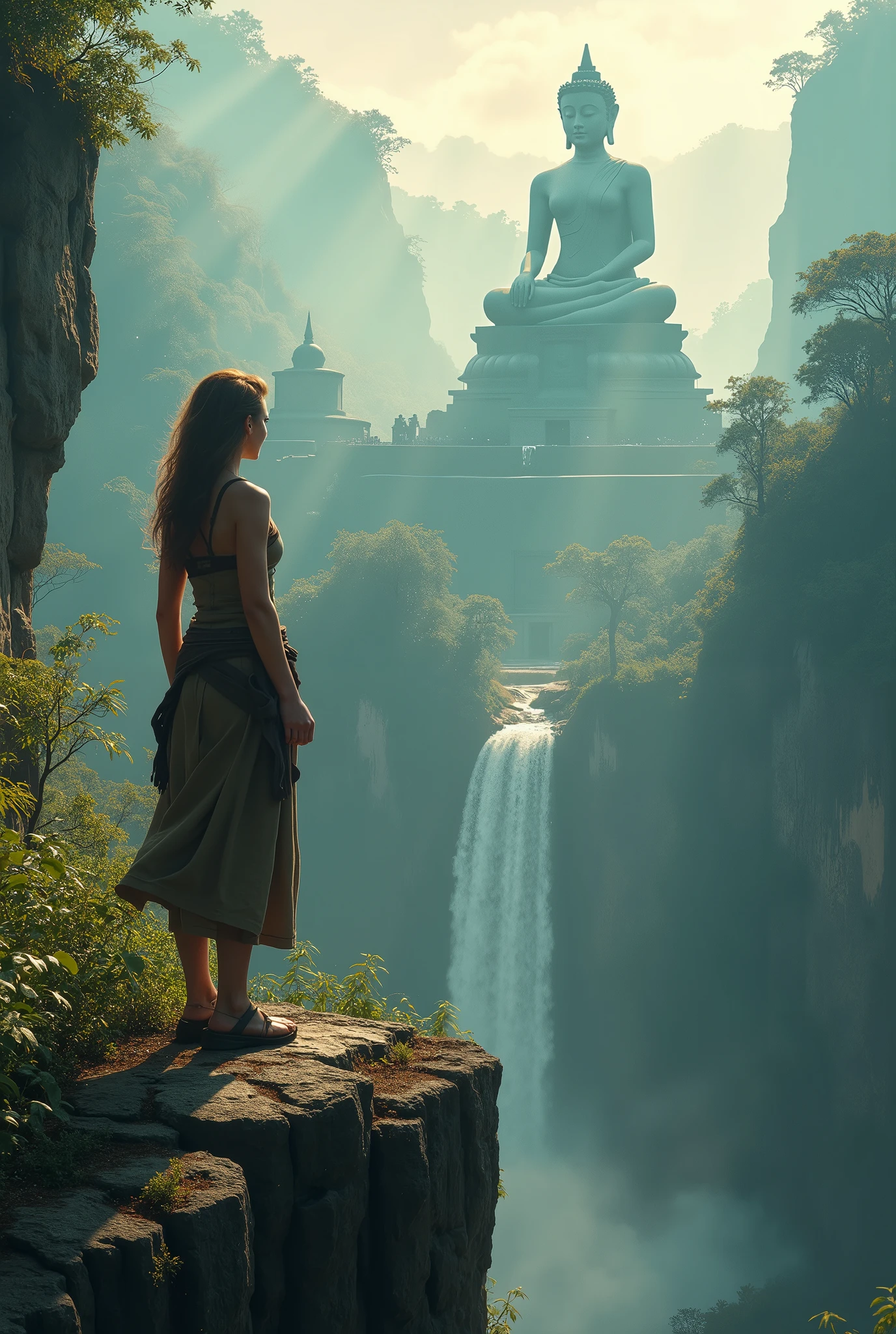 Create a breathtaking, semi-realistic image that captures the awe-inspiring scene of a beautiful female adventurer standing on a cliff, gazing at a lost temple in the distance. From her vantage point, she sees a colossal Buddha statue towering over the ruins, its majesty undiminished by the passage of time. The statue, surrounded by the dense jungle, is bathed in a stunning interplay of light and shadow. Sunbeams pierce through the thick canopy, creating a mesmerizing Tyndall effect that enhances the statue's grandeur, with ethereal rays and halos giving it a divine presence. The adventurer, clad in rugged, weathered clothing, stands amidst the overgrown vegetation of the cliff, her expression a mix of awe and reverence as she takes in the scene below. The composition should evoke a sense of adventure, discovery, and the profound beauty of forgotten places, with the distant, majestic statue serving as the focal point of the vast, mystical landscape. The image should be visually stunning, blending semi-realistic detail with fantasy elements to create an immersive and awe-inspiring visual narrative.