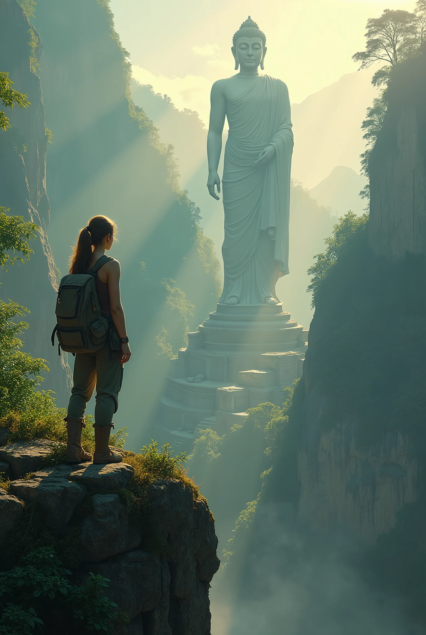 Create a breathtaking, semi-realistic image that captures the awe-inspiring scene of a beautiful female adventurer standing on a cliff, gazing at a lost temple in the distance. From her vantage point, she sees a colossal Buddha statue towering over the ruins, its majesty undiminished by the passage of time. The statue, surrounded by the dense jungle, is bathed in a stunning interplay of light and shadow. Sunbeams pierce through the thick canopy, creating a mesmerizing Tyndall effect that enhances the statue's grandeur, with ethereal rays and halos giving it a divine presence. The adventurer, clad in rugged, weathered clothing, stands amidst the overgrown vegetation of the cliff, her expression a mix of awe and reverence as she takes in the scene below. The composition should evoke a sense of adventure, discovery, and the profound beauty of forgotten places, with the distant, majestic statue serving as the focal point of the vast, mystical landscape. The image should be visually stunning, blending semi-realistic detail with fantasy elements to create an immersive and awe-inspiring visual narrative.