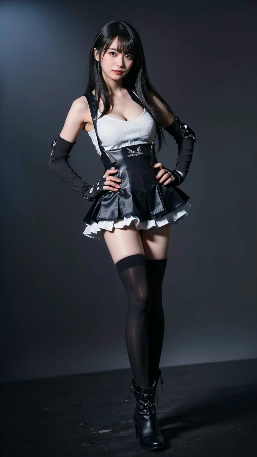 (8k、RAW Photos、Highest quality、masterpiece:1.2)、(Realistic、Realistic)、1 person、((black and white、Cleavage、tights、Gloves、Garter Ring、mini skirt、Thin legs、whole body、boots、View from the front、Looking into the camera、Black Room、Stand with hands on hips))、cute