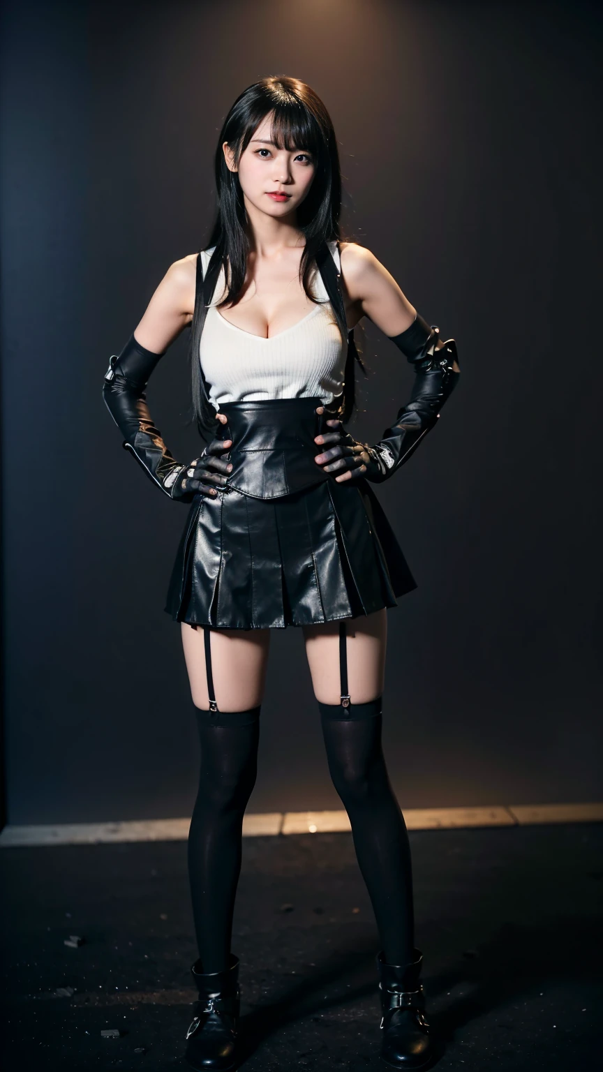 (8k、RAW Photos、Highest quality、masterpiece:1.2)、(Realistic、Realistic)、1 person、((black and white、Cleavage、tights、Gloves、Garter Ring、mini skirt、Thin legs、whole body、boots、View from the front、Looking into the camera、Black Room、Stand with hands on hips))、cute