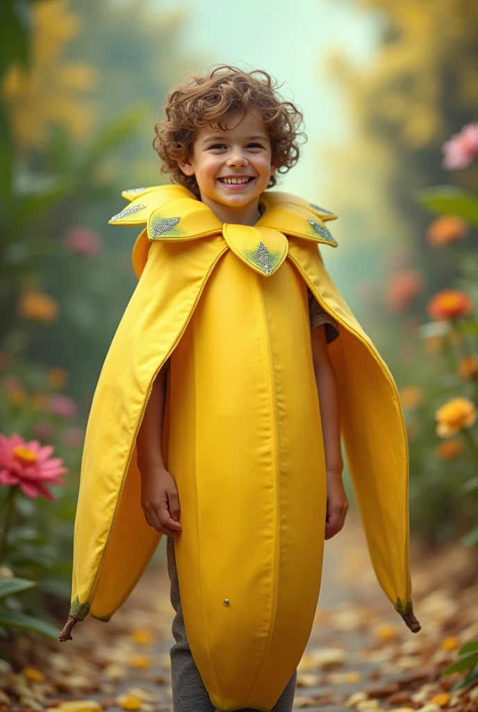 A boy in a banana dress