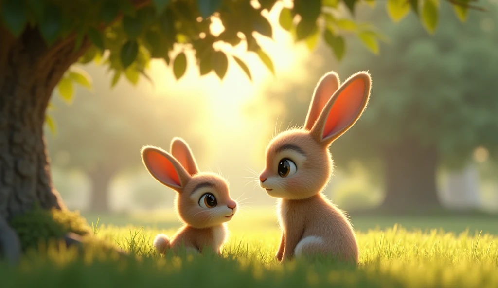 In 3d animation story "Mini, the tiny rabbit, with wide, curious eyes, asks her mother, "Why do we hop?" The mother rabbit smiles gently, sitting on a patch of soft grass under a big tree, with dappled sunlight filtering through the leaves."