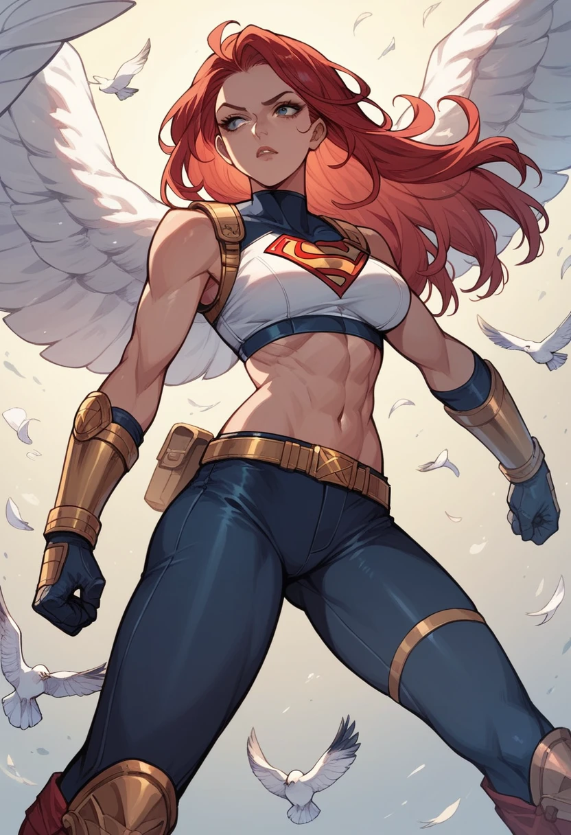 score_9, score_8_up, score_7_up, BREAK, 1girl, solo, breasts, Shayera, makeup, lipstick, white crop top, white leggings, floating, midair, smile, dark orange hair, wings