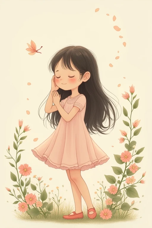 A small girl with long hair is smiling with her eyes closed and her hand pressed against her ear, listening carefully.。Flowers and leaves are fluttering around。A soft image drawn with pastels