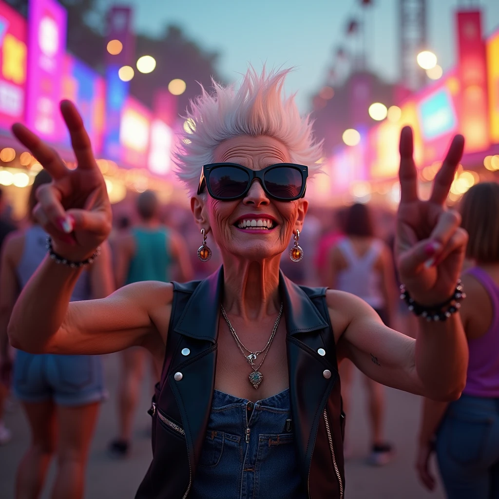 ピースサインをするイケイケ婆さん: "Create a realistic image of an elderly woman with a bold, spiky haircut, wearing dark, wraparound sunglasses, and flashing a peace sign with a big smile. She is dressed in a fashionable leather vest and jeans, exuding confidence and style. The background is a bustling music festival with colorful lights and a lively crowd, enhancing the energetic and carefree atmosphere."