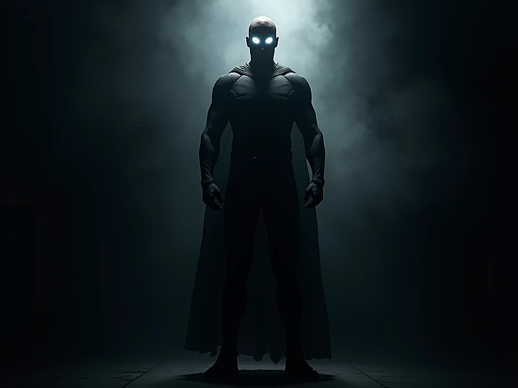 man, two white eyes, superhero outfit, dark, silhouette only