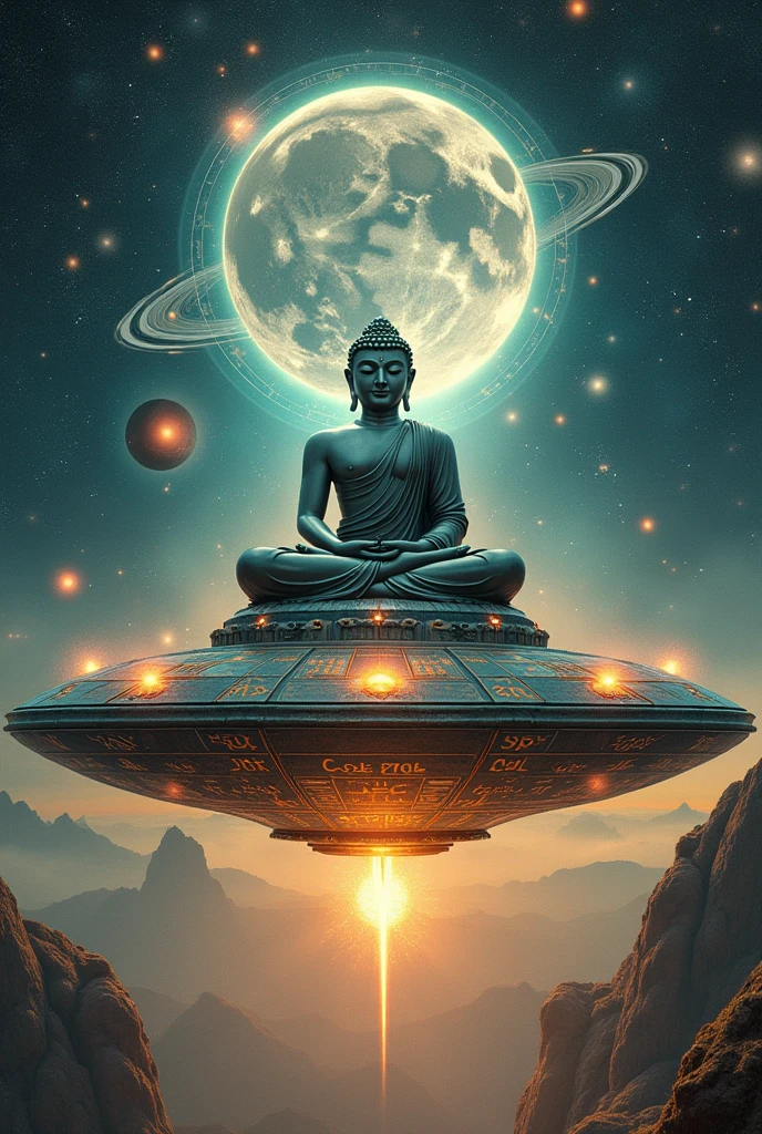 a very realistic and very psychedelic Buddha sitting on top of a flying saucer around several planets, psychedelia, etc... 

a very colorful and eye-catching image, the Buddha is very modern and meditating with a happy face, the flying saucer is full of lights and very realistic around the planets, astrological calculations and all the art involving quantum mechanics

