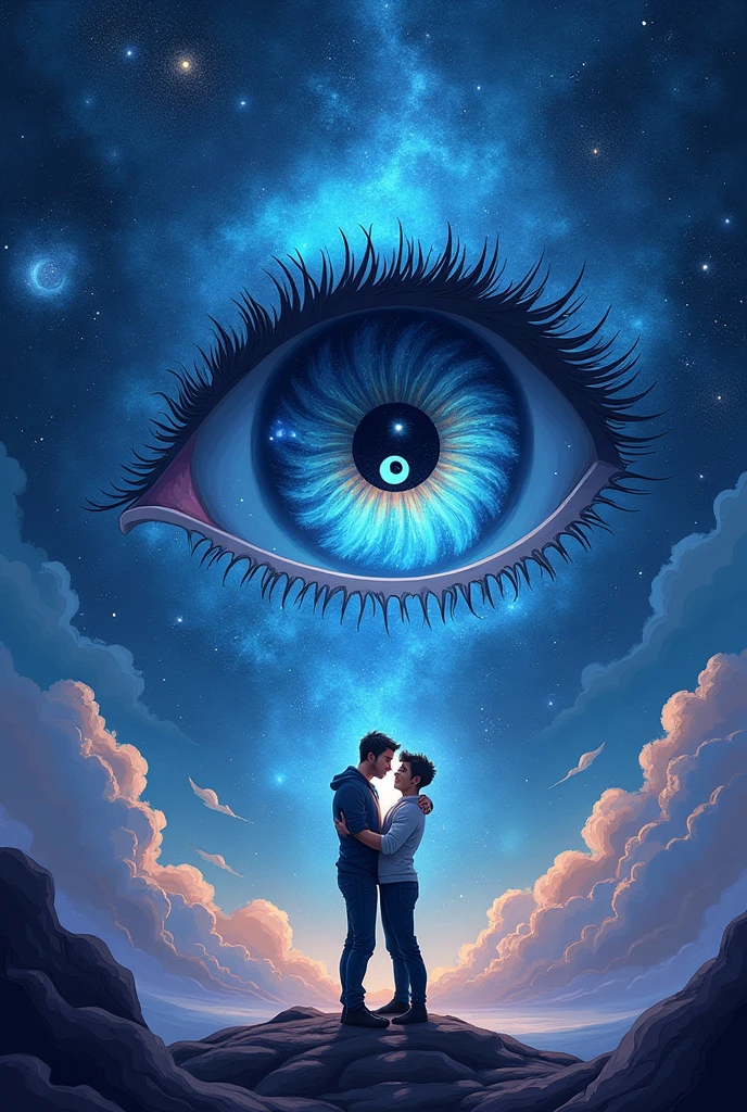 Create me a good book cover like the background is a some sort of the universe and in between or in any part, there is a big mysterious eye, and inside that eye, there is the symbol yinyang, and create a two men below the eye show that they are really In love Make it fantasy vibes and make it simple but artistic , emphasize the yinyang on the eye. Make it more cartoonish and make the book cover like a beginner but have a experience on art
