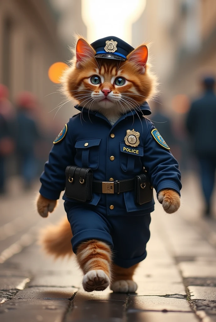 (photorealism:1.2), cute cat with curly hair wearing police suit walking on the runway