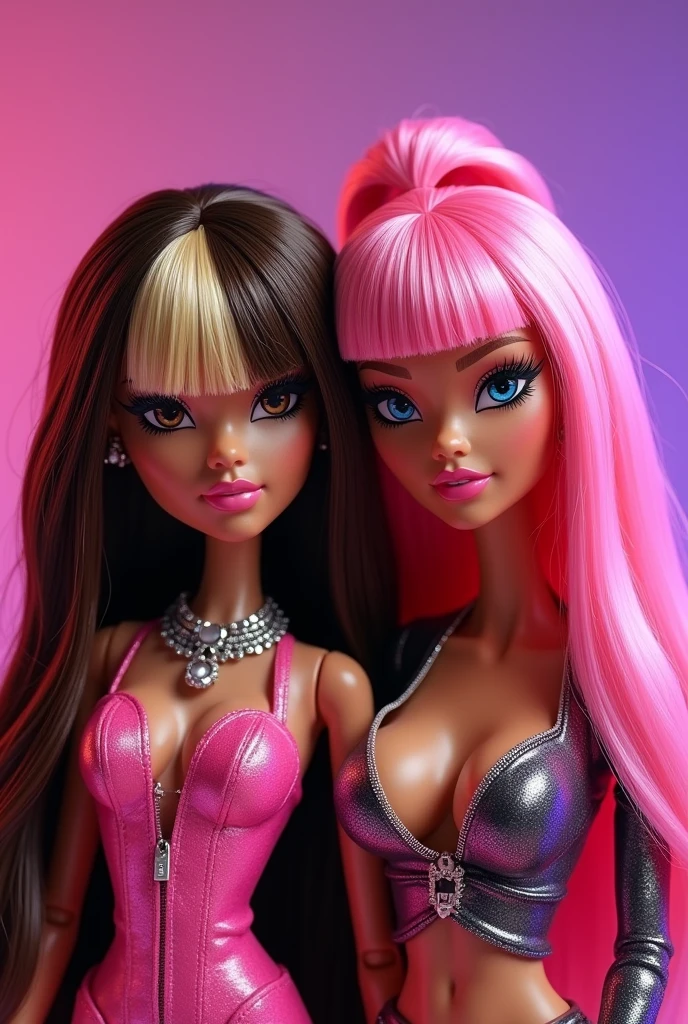 A Bratz baddie doll with brown hair and blonde strands in the front on both sides, with Nicki Minaj by her side on the Pink Friday 2 album cover