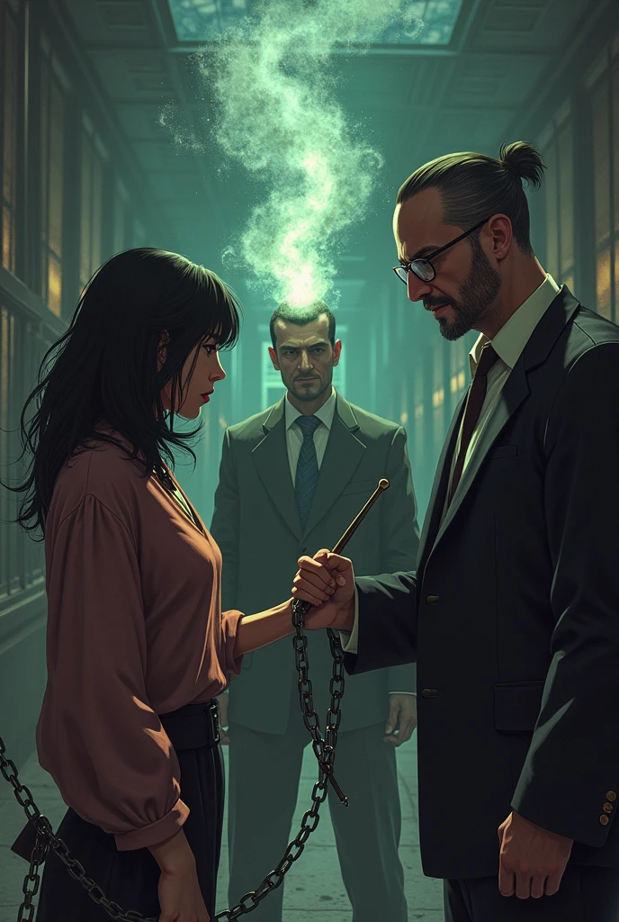 Personnage dans un gta rp de five warts. Chifumi un peu effrayé serre la main pour seller un pacte de Monsieur podemer qui lui est réticent et tenant ça baguette dans son dos, sa main tremblotant. (Leurs mains son entourée de chaîne). En arrière plan monsieur barbatruc se tiens derrière étant à l initiative de se pacte tiens sa baguette magique qui emmène de la magie afin de seller le pacte.