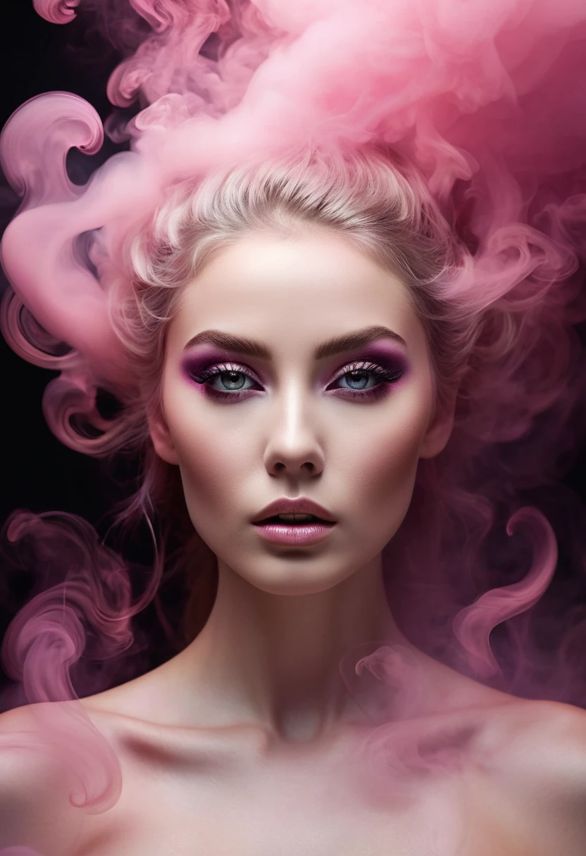 A majestic work of art, a woman, intricately detailed, with an intense, piercing gaze emanating from her singular, striking eye, set against a backdrop of ethereal, swirling pink smoke that appears to shift and undulate as if alive, illuminated by a cinematic lighting scheme that casts dramatic, high-contrast shadows and highlights, evoking a sense of mystery and the otherworldly, with each element expertly rendered in exquisite, high-definition detail, exuding a sense of artistic mastery and visual sophistication.