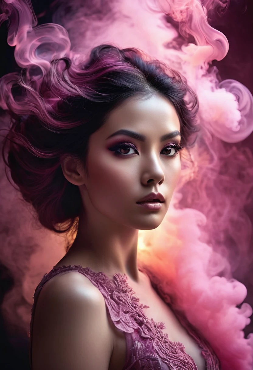 A majestic work of art, a woman, intricately detailed, with an intense, piercing gaze emanating from her singular, striking eye, set against a backdrop of ethereal, swirling pink smoke that appears to shift and undulate as if alive, illuminated by a cinematic lighting scheme that casts dramatic, high-contrast shadows and highlights, evoking a sense of mystery and the otherworldly, with each element expertly rendered in exquisite, high-definition detail, exuding a sense of artistic mastery and visual sophistication.
