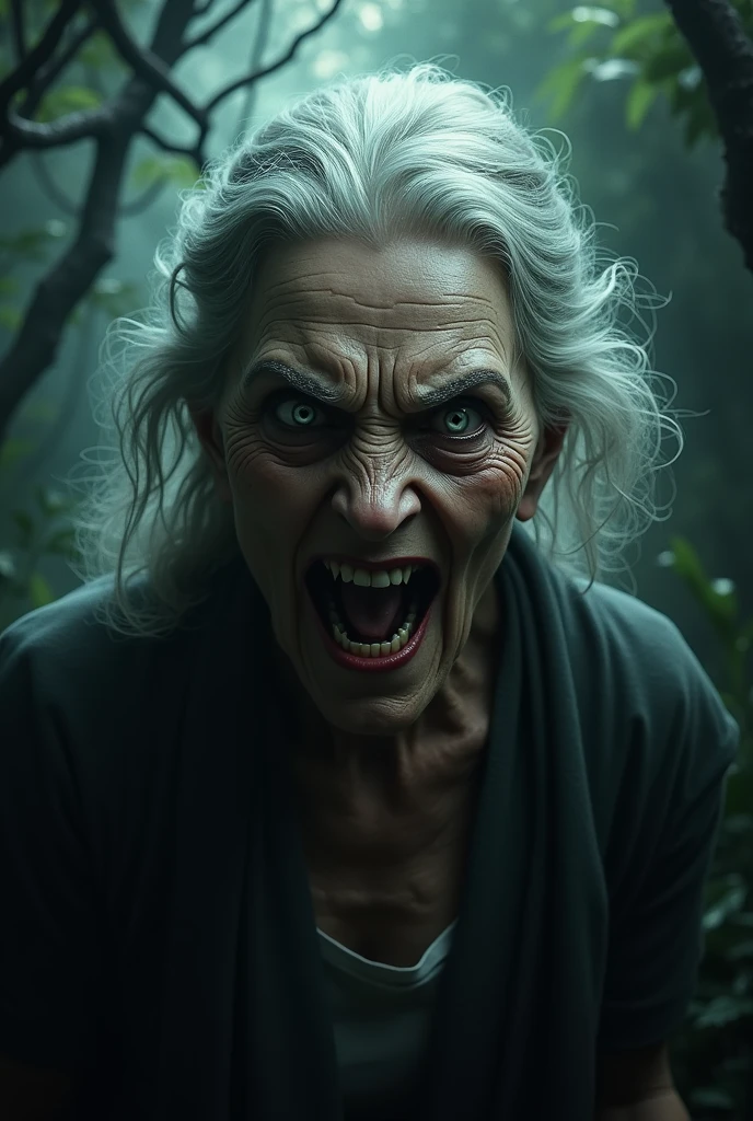 grandma black eyes angry face, horror, jungle , background night, Black theme