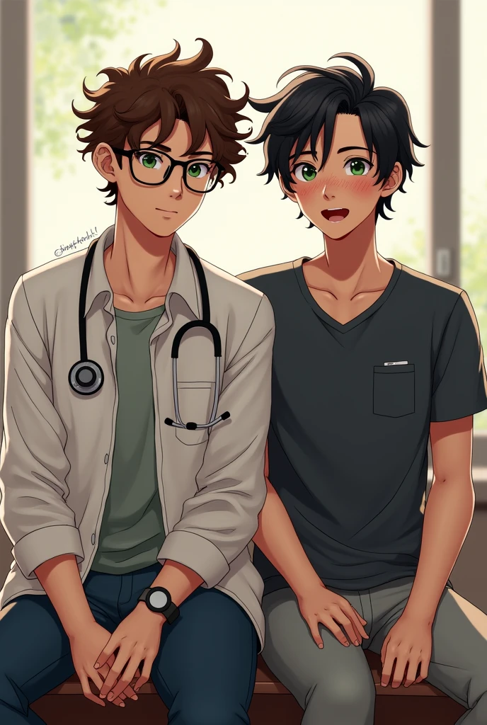 draw two guys sitting next to each other, in the left the guy is about 6'2 tall has eye glasses and has brown curly hair, he wears pre-med clothes with stethoscope and has green eyes looks like a nonchalant guy, the other guy beside him is about 6'0 wears black clothes has long black hair and freckles looking playful