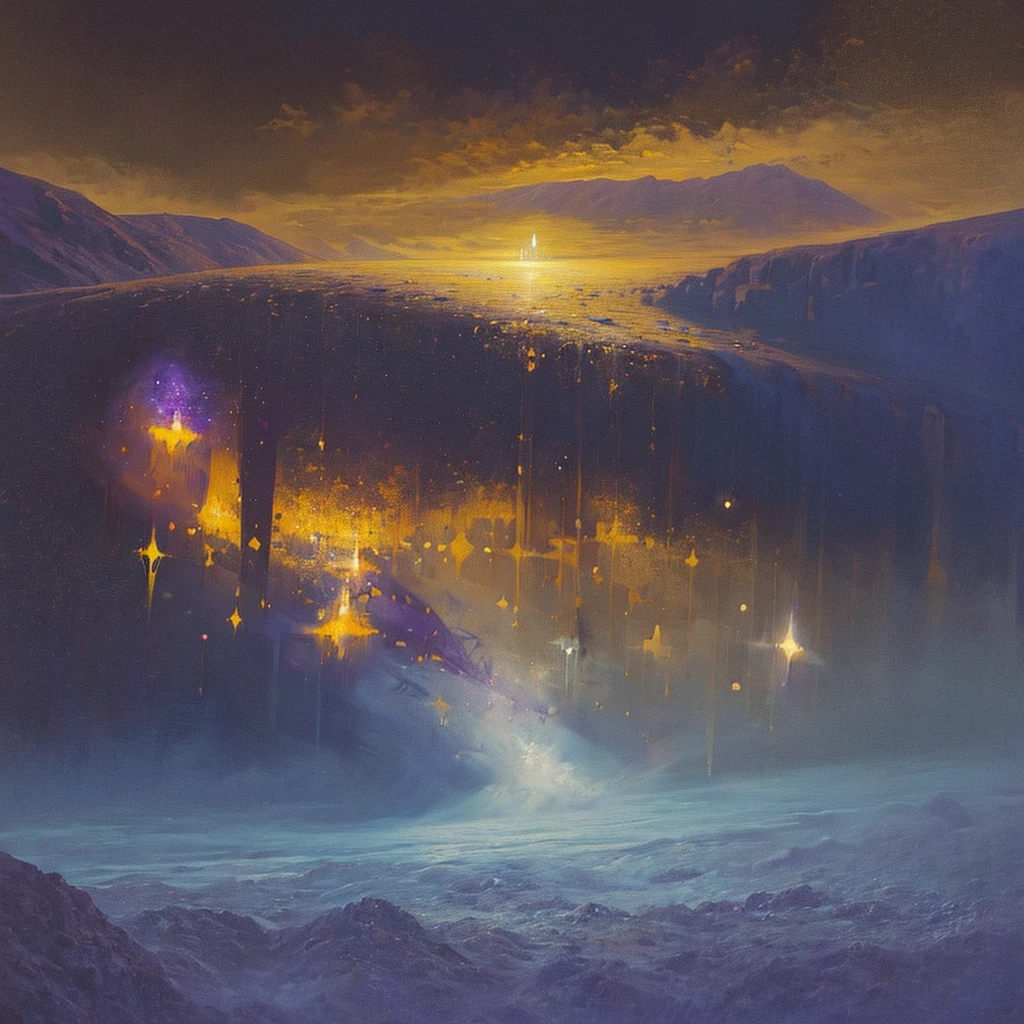 A fantasy landscape with floating mountains and brightly colored rivers, created in a magical realism style. the predominant colors are blue, purple and gold, with a sky full of stars and an ethereal and mystical atmosphere. Square format in high resolution, perfect for fine art printing