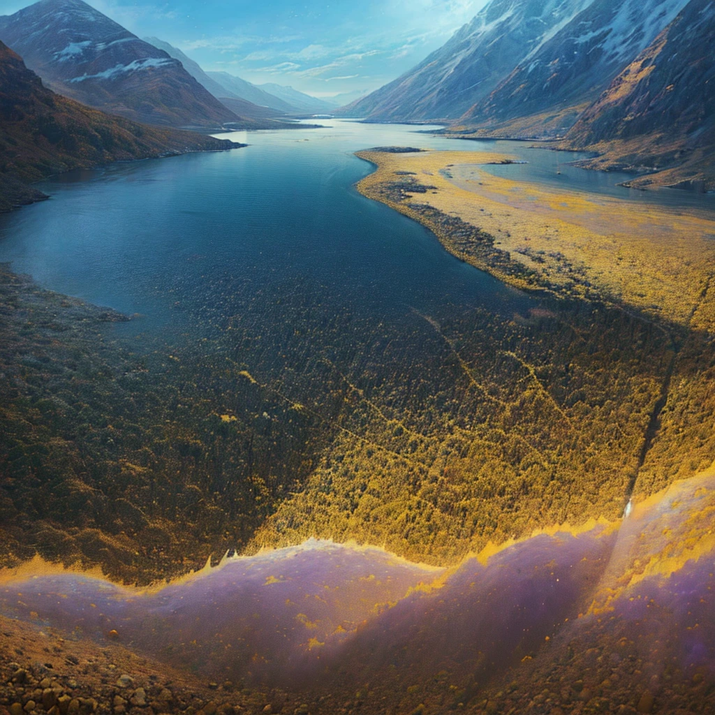 A fantasy landscape with floating mountains and brightly colored rivers, created in a magical realism style. the predominant colors are blue, purple and gold, with a sky full of stars and an ethereal and mystical atmosphere. Square format in high resolution, perfect for fine art printing