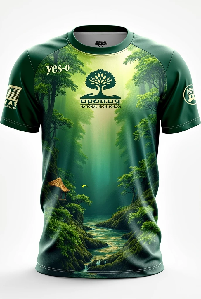 Photo of Sublimation t-shirt back only
Color: Forest Green, Apple Green and Dark Green
T-shirt design: leaves/nature
Front: Yes-O ,small tree design , Supang National High School
Left Arm: President
Back: Logo top and then Sure name