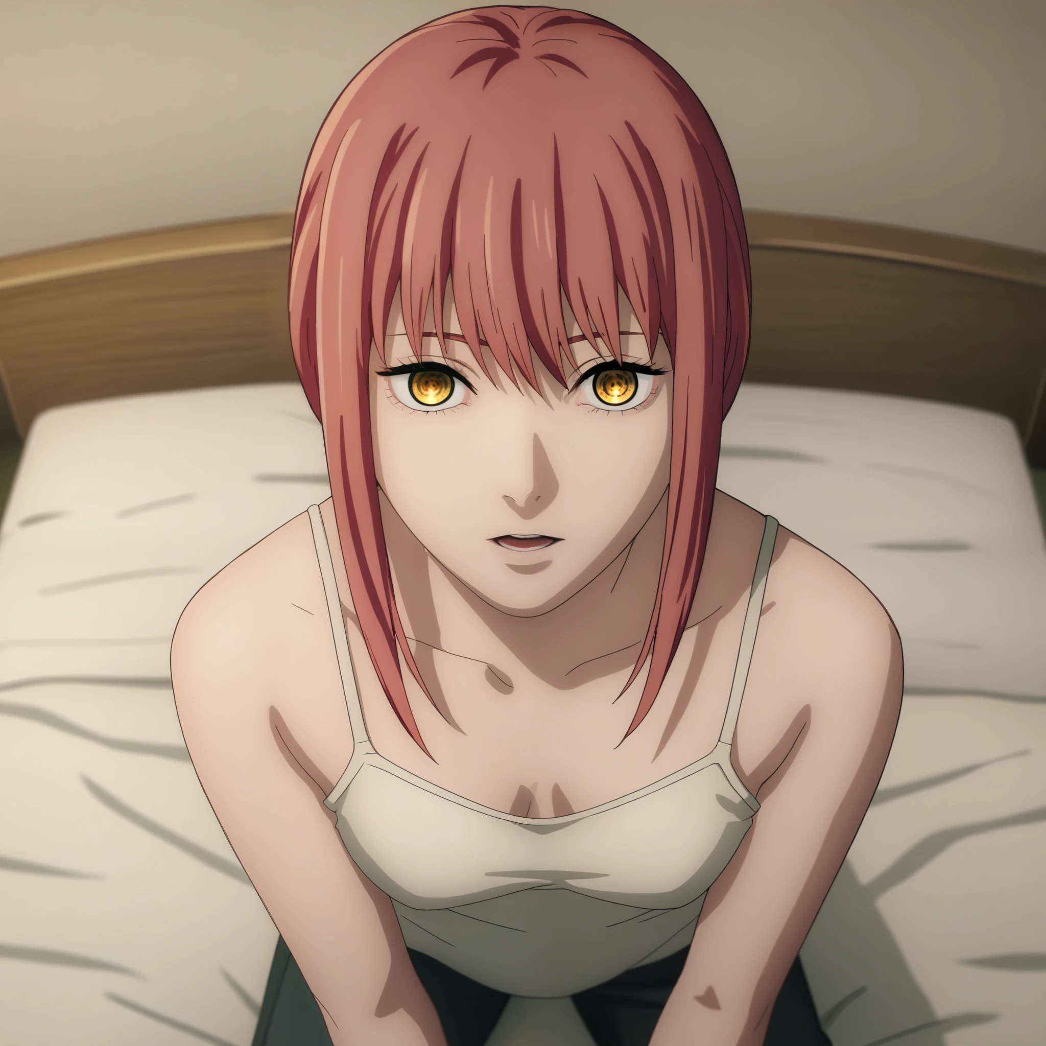 source_anime,
Makima, long hair,  Braided Ponytail ,red hair, detailed gold eyes, hair between eyes,(( perfect eyes )), Perfect face, expressive eyes, close up face,
((undress camisole)),,pants,
indoors, bed, realistic bed room, kneeling, 
cowboy shot, looking at viewer, solo, dutch angle, [medium breast], open mouth,