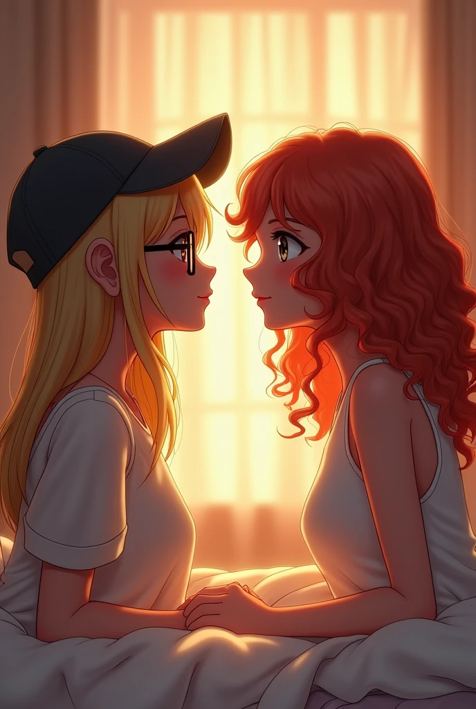 Two girls looking at each other, one with glasses and a cap backwards with straight blonde hair and another girl with red hair, white and thin, more realistic and the redhead with curly hair on a bed that is more realistic with curly hair and the other with straight hair with glasses and a cap backwards while they look at each other with love in a hotel