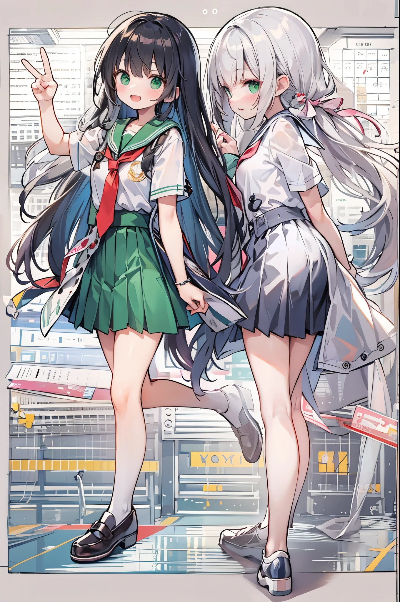 ((2-panel cartoon)),((Highest quality, 8k, masterpiece: 1.3)), whole body,1 personの,1 person,,Glamorous Body,cute,smile,Open your mouth,Black Hair,Beautiful emerald green eyes,long hair,Stand in front,Sailor suit,White short sleeve blouse,tie,Black pleated mini skirt,loafers,Cute gestures,