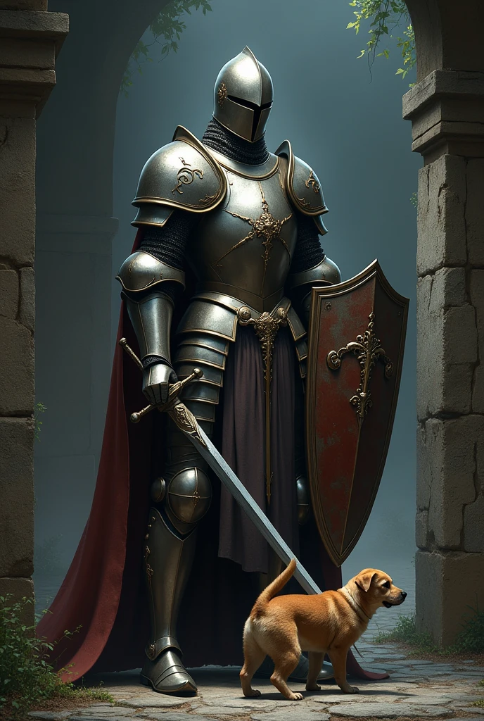 Knight with sword and shield protects stray dog and cat