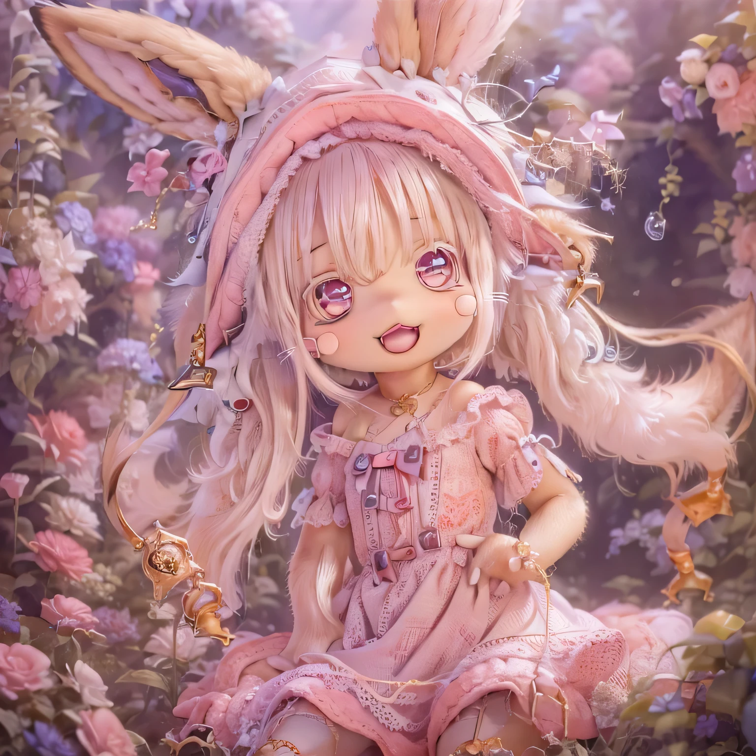in the garden, smile, Similar to Nanachi from Made in Abyss. She is beautiful, Beautiful eyes and lips. (((Chibi Style,))) . Image quality is excellent, Highly detailed and realistic features. The medium of this work is、Combining illustration and photorealistic rendering.. The colors are vivid、The lighting creates a warm and bright atmosphere。 whole body(((((Cute pink dress)))))Contrasting cute poses