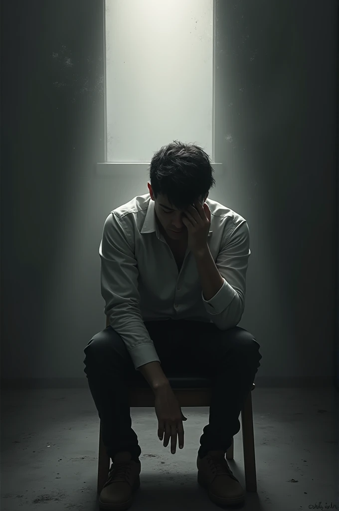 A young man, sit in a black and white room who lose his hopes