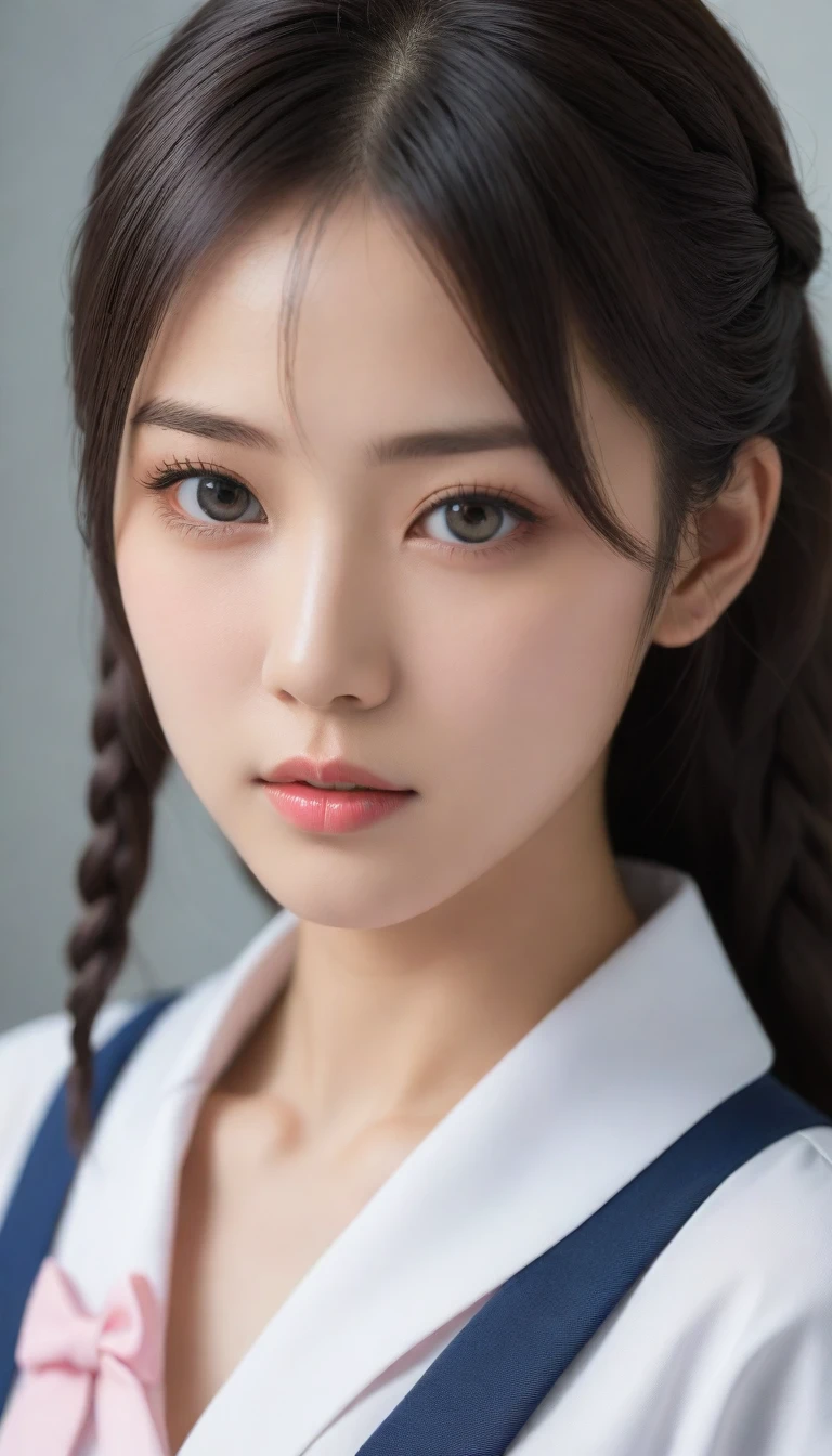 8k, Ultra-high resolution, Highest quality, masterpiece, 三分割法によるphotograph,Surreal, photograph,One Woman, (:1.3), cute, cute顔, 細部までBeautiful Eyes, 細かくdetailedに,masterpiece,One Girl:1.2,Japanese women,kindergarten,close up,glaring,Black hair,braid,(twin braids:1.0),ID photo,(kindergarten uniforms:1.3),Eccentric,Future City,white collar,((Colorful Fashion)),(Beautiful attention to detail),Subtle details, detailedな顔,anger,Attractive eyes,(ポートレートphotograph:1.4),(Photorealistic images:1.4),Fantasy art,(Beautiful Face:1.4),美しくAttractive eyes、Beautiful Eyes,Silver residue,(Tight waist:1.4)、(Beautiful with perfect body proportions:1.4),Pink Lips,profile,(((Ideal body type))),A-cup small breasts :2,、Portraiture:2、Perfect Anatomy、鮮明なdetailed、detailed,Fashion magazine cover,Thin lips,完璧でBeautiful Face ,完璧でcute顔, Skin with attention to detail, Perfect limbs、Narrow waist,Surreal,Light and shadow,spotlight