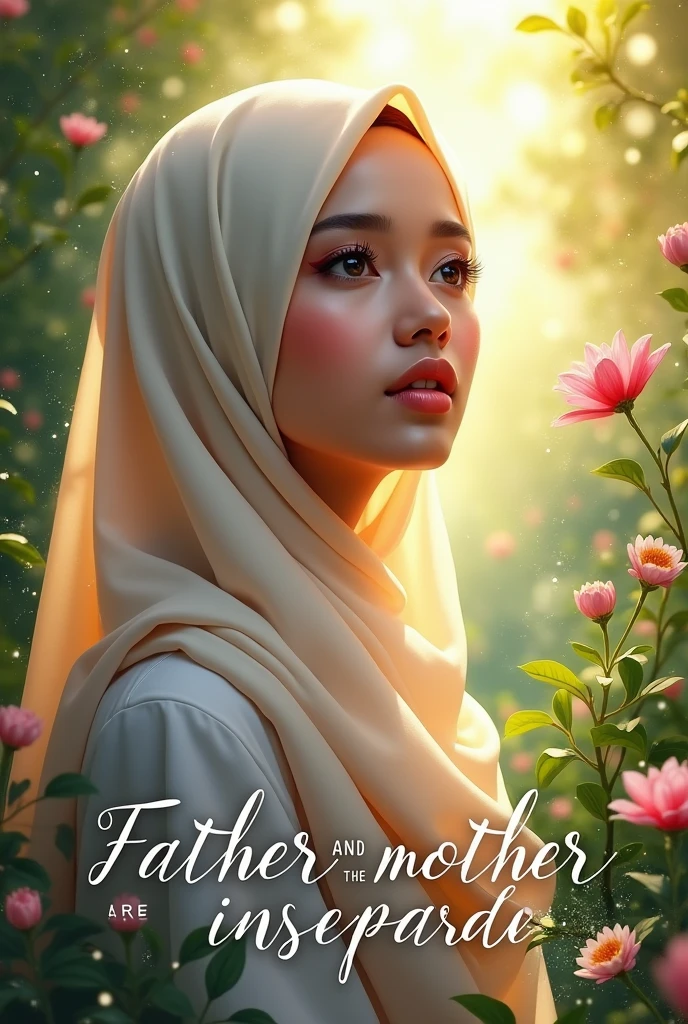 realistic airbrush illustration of beautiful Indonesian hijab woman in lush garden symbolizing spiritual enlightenment. Write “FATHER AND MOTHER ARE INSEPARABLE” in an elegant font next to it., using bright colors, background with bright light splashes, morning sun, the background should be full of energy, shiny water splashes on the bottom