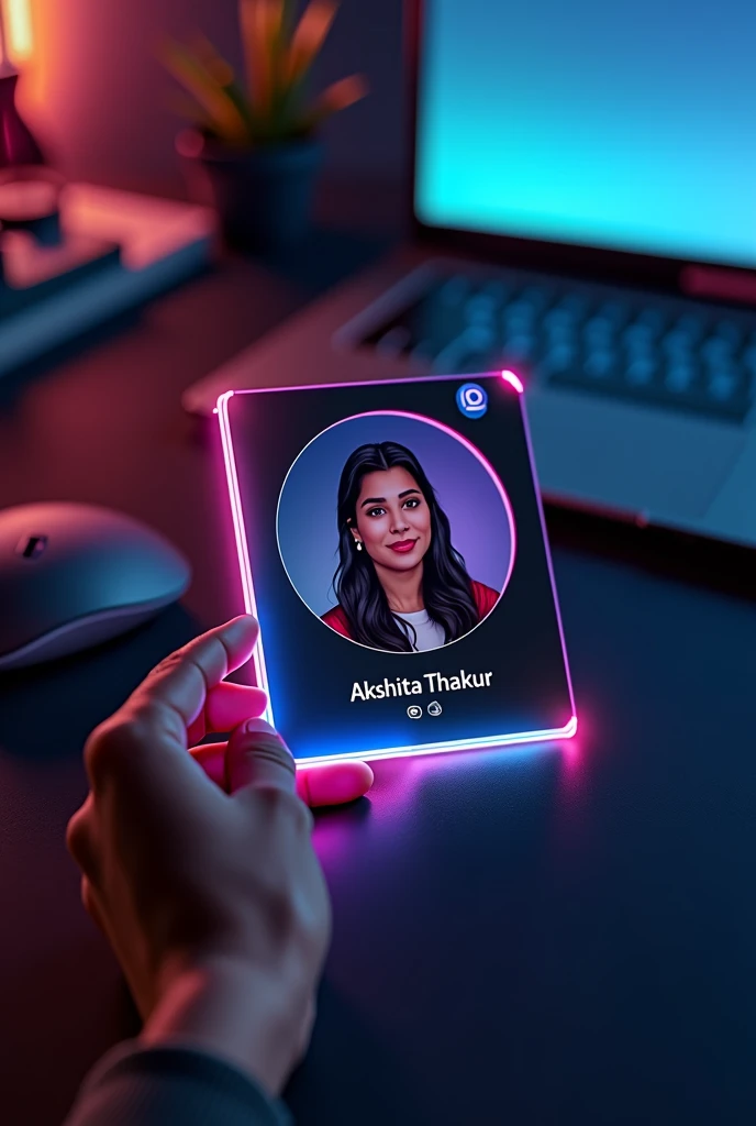 Prompt: Create a Instagram profile on glass id card on a Black desk displaying Instagram logo and realistic profile photo of a girl in circle and " akshita thakur " is written in bold fonts under the profile photo and 00.1k Followers written, the  card is glowing in pink and blue color on the edge, One corner is held with two fingers....less