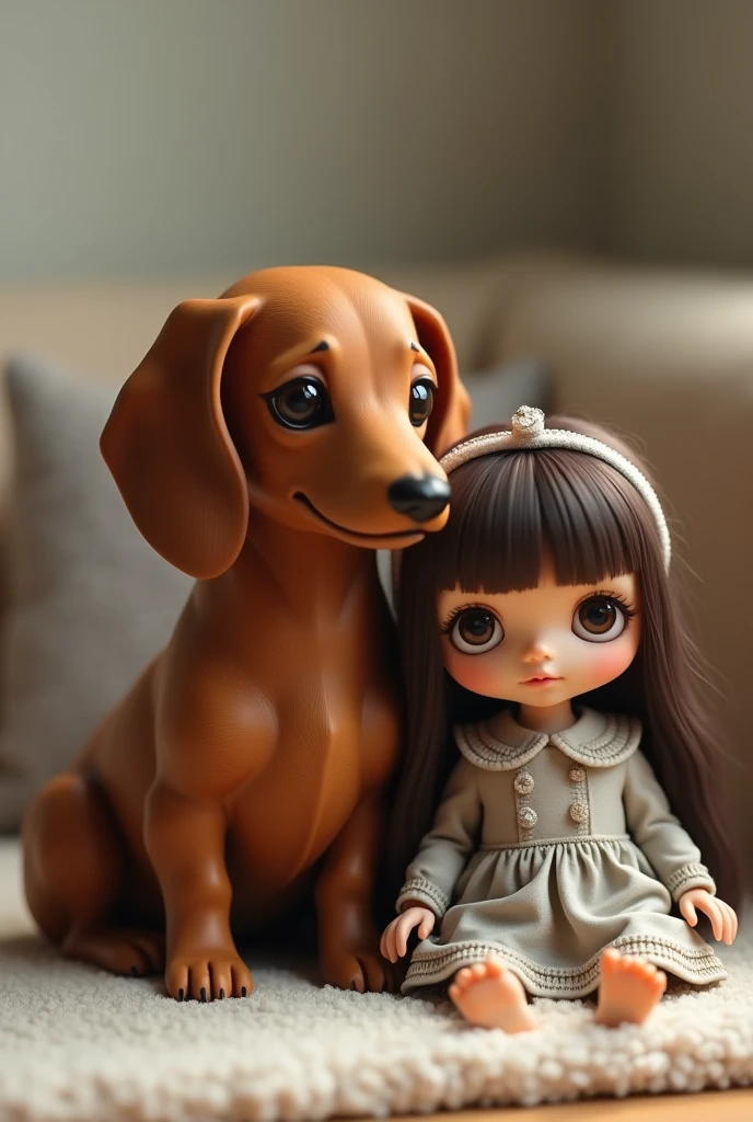 A realistic brown miniature dachshund Smooth sitting next to a Blythe doll。