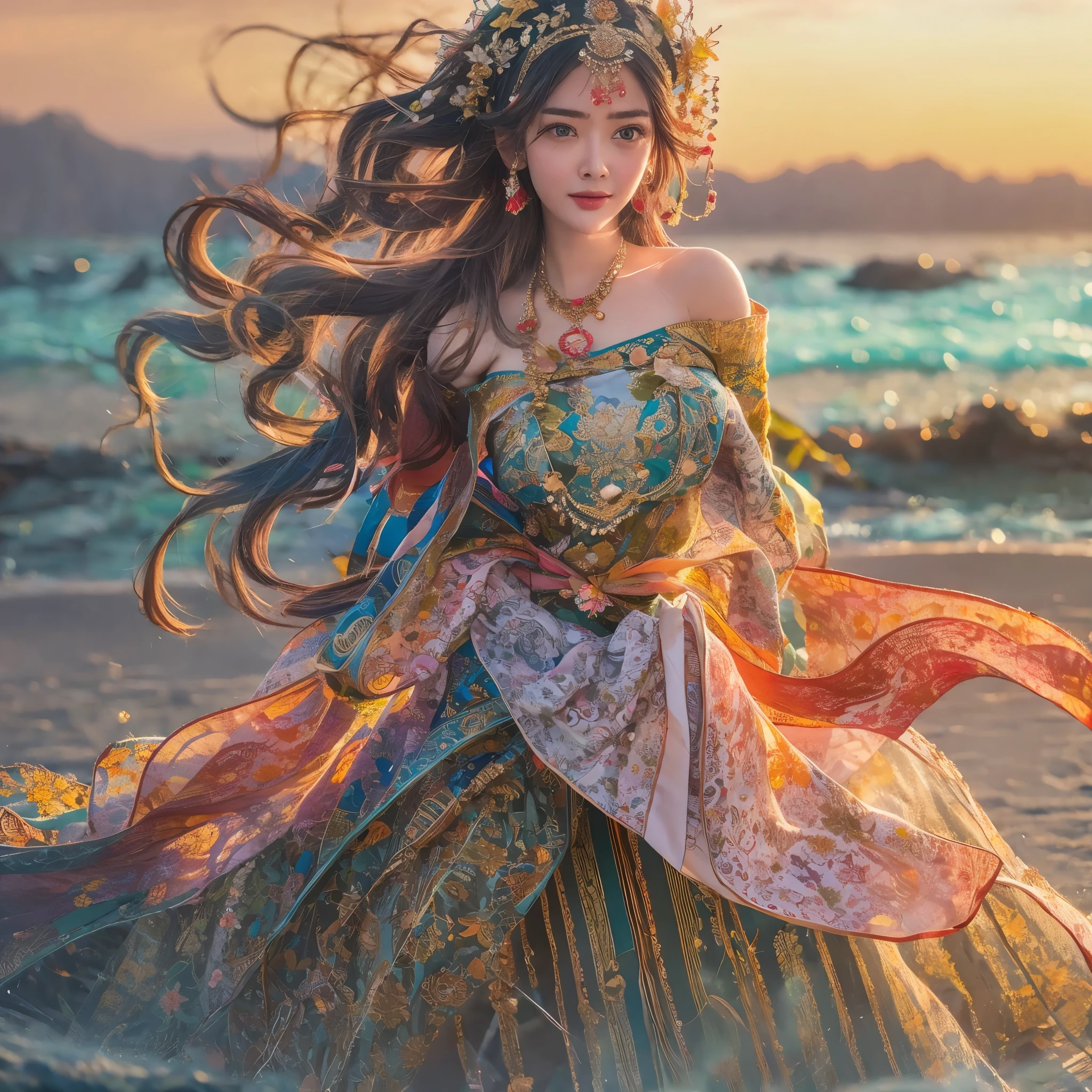 (masterpiece, best quality:1.2, 8k RAW photo, 1girl, solo, natural soft lighting), sea goddess, on the beach, enjoying sunset, wind flows, wearing beautiful colorful goddess clothes, sea serpent