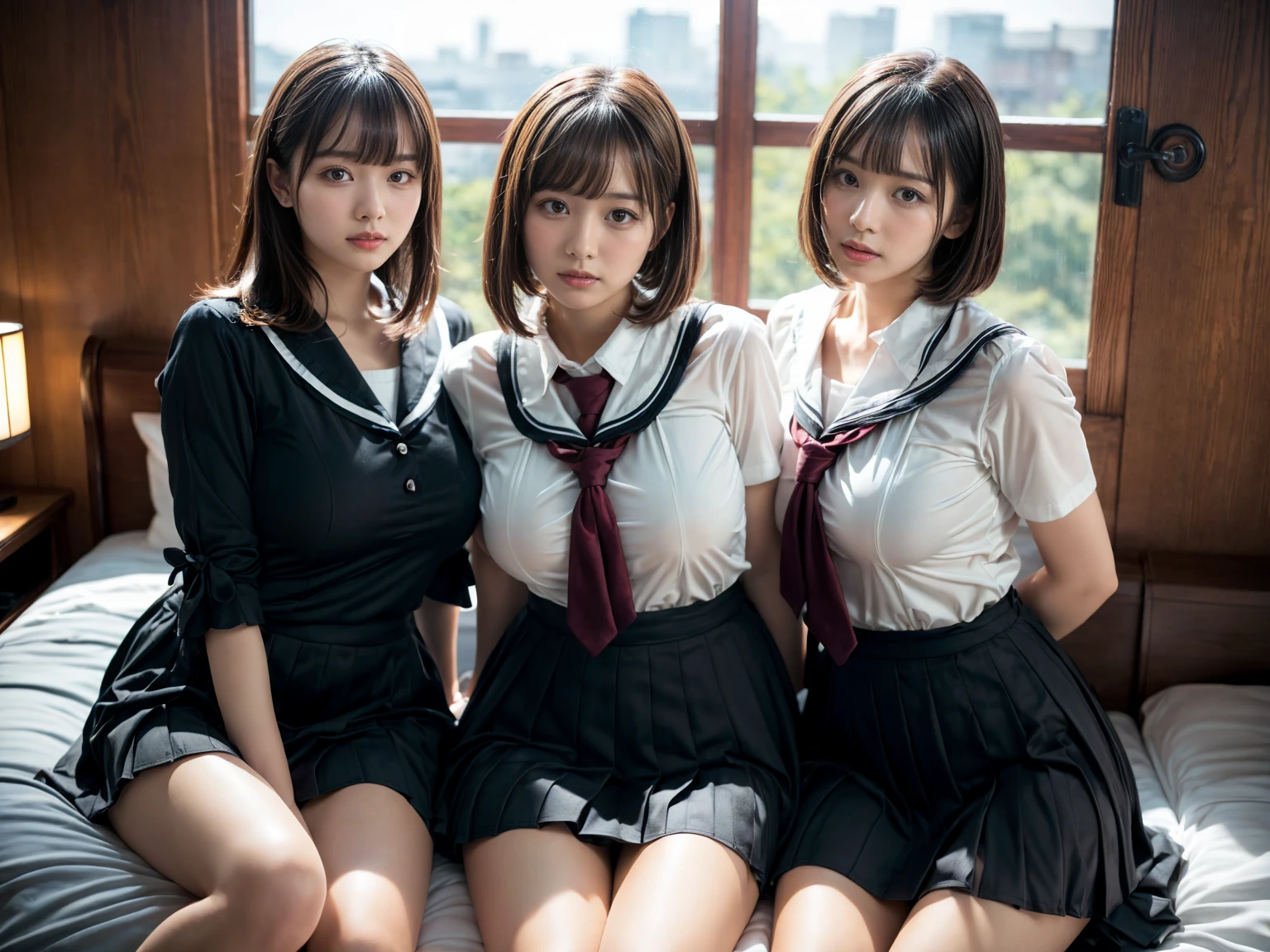 (RAW photo, 4k, masterpiece, high resolution, extremely complex) (realistic: 1.4), cinematic lighting
((2 girls, 2 girls)),Slam Dunk's,blushing,((innocent)),(Dark makeup),bright eyes,round eyes,blunt bangs,(short bob hair:1.3),black hair,large breasts,wide hips,Summer Noon, ,Hot, (Best Quality), (Highres), (an Extremely Delicate and Beautiful),(Beautiful 8k face),(Brown eyes),short bob hair,( spectators),(gigantic breasts),(Play with each other,Touching each other's bodies,Touching the body),(Japanese high school uniform:1.3),blue skirt,(reality),bright lighting,(The background is a luxury hotel room)