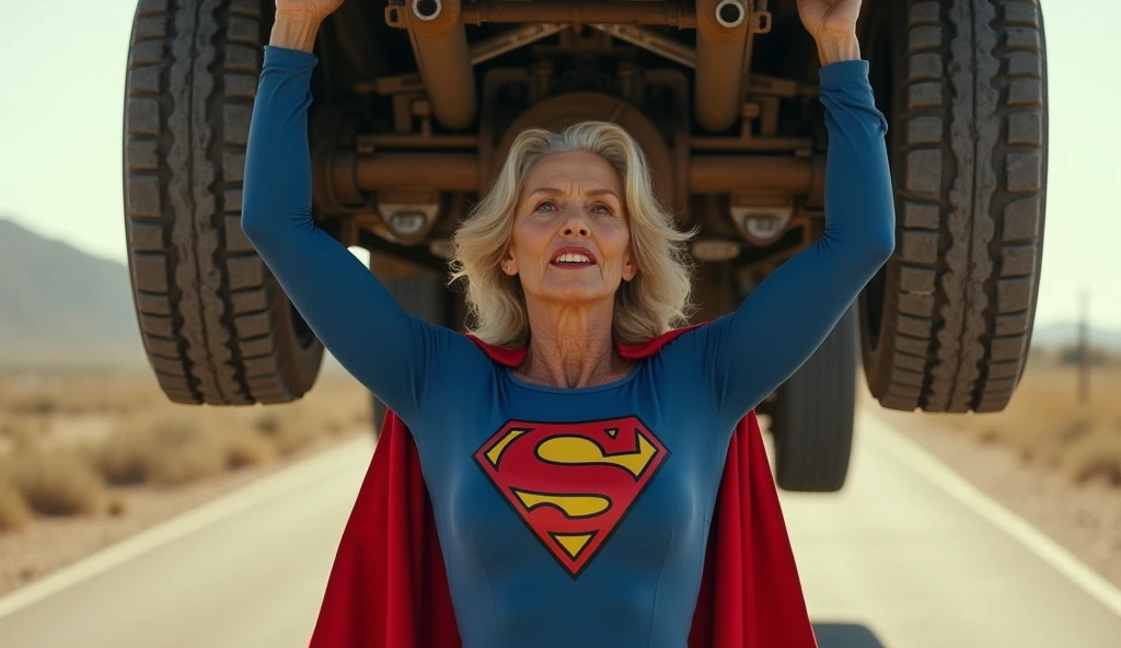Superstrong Superold Superwoman(((1984s Supergirl costume))) Julie Hagerty (((beautiful body; 70 year old lady, beautiful woman, fit body))); big and strong breasts. levanta facilmente um a a truck on the road sobre sua cabeça; arms of a strong woman. HD. Photograph, ((realism)), extremely high quality RAW photograph, ultra detailed photograph, sharp focus, high resolution, (detailed skin:1,3),high quality, film grain, Fujifilm XT3,Highly Detailed, movie, (Cinematic Photo:1.3) of (Realistic:1.3)