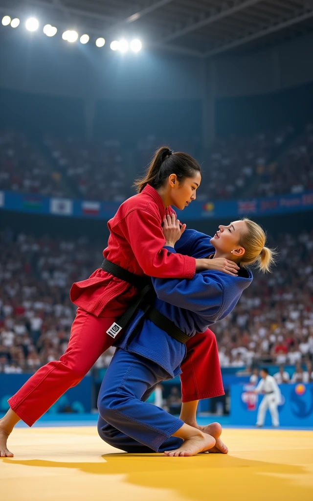 Ultra-high resolution，Women&#39;s judo at the Olympics，Two people competing on the same stage，A red judo uniform，A blue judo uniform，（ The one wearing the red judo uniform is an 1 Korean beauty，Super beautiful，Super fair skin）（The girl wearing the blue judo uniform is an American blonde） full-body shot，Panoramic vistas，Wide-angle lens，Olympic Judo，Olympic competition background，The Red Team and the Blue Team compete on the same stage，Fall，suppress，The blue team was pinned to the ground by the red team，Exaggerated actions，Large amplitude of action，Intense stimulation，be booked up，The venue was full of audience，enthusiasm，