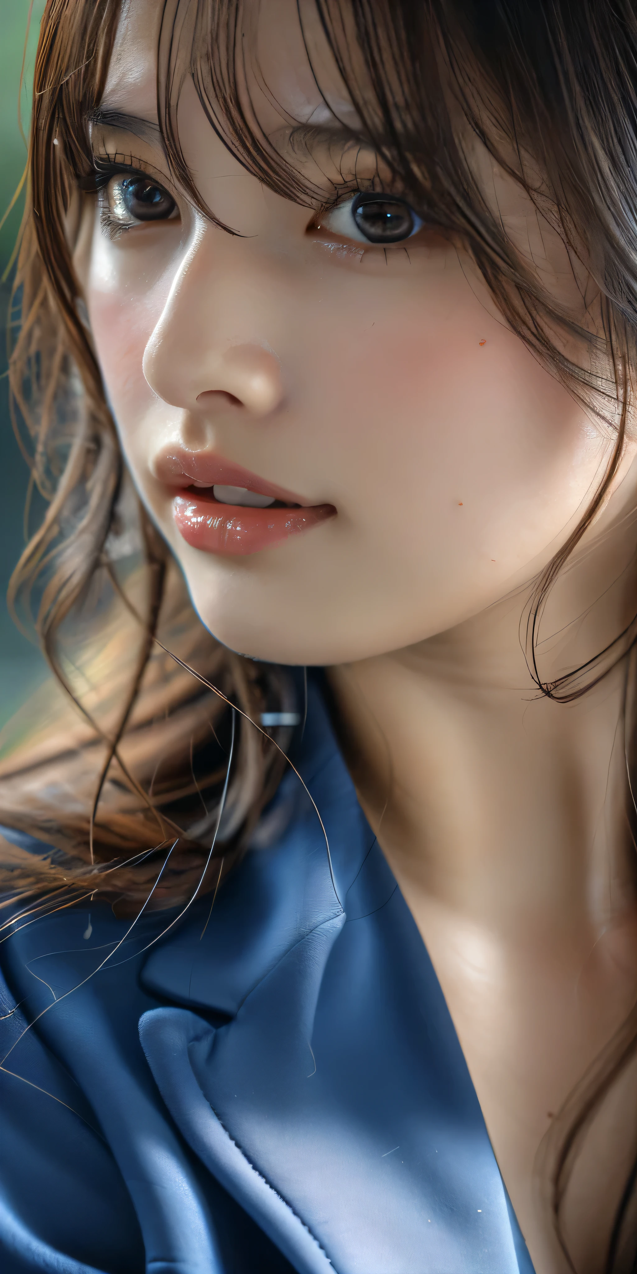 (surreal), (Awareness-raising), (High resolution), (8k), (Very detailed), (The best Awareness-raisingns), (Beautiful fine brown eyes), (Highest quality), (Ultra-detailed), (masterpiece), (wallpaper), (Detailed face), Droopy eyes,Sweaty, whole body, Long legs,Underarm,ponytail,Colored inside,alone, ((Very huge and lewd face with bigger breasts)), Cleavage, Japanese, huge 、Laughter, Wearing a blue blazer, Short skirt, office uniform, office