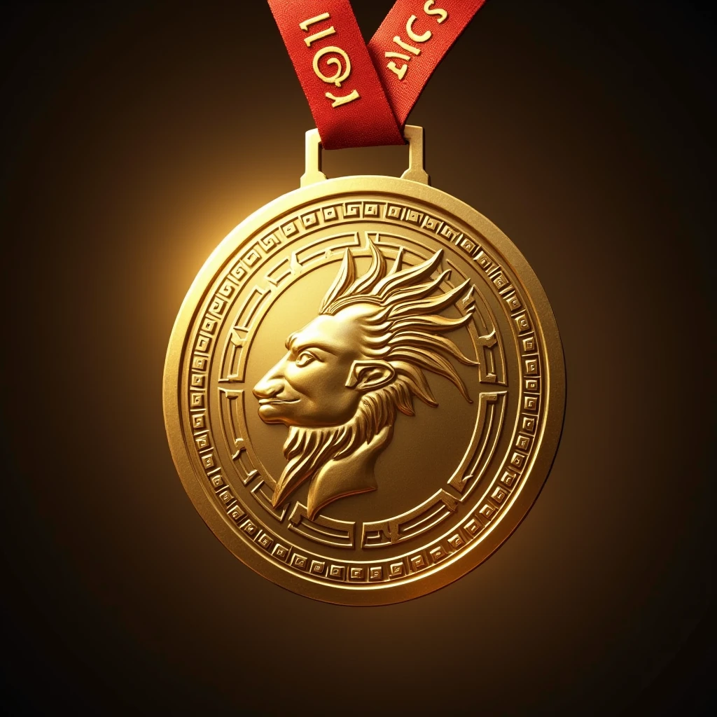 a gold medal like a shield,((The word "Aegis" is engraved
)) ,Shield of Goddess engraving, (Angle from the front), Medal ribbon