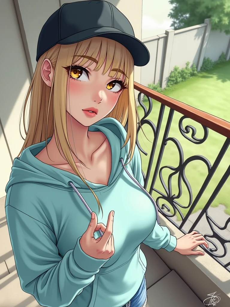 ((Masterpiece artwork, top-quality, high resolution, highly detailed 8K unified CG wallpaper)), (huge stunning photo of goddess, Very hot and sexy, jaw dropping beauty, perfect proportions, Body cute, hot body beauty: 1.3), Portrait of a girl named Jocelyn, german, blonde, shy, going down a staircase, sensual mouth, casually dressed, (wearing a baseball cap, hooded sweatshirt, jean shorts and Adidas sneakers (p):1.2), (view from the bottom:1.6), beautiful light brown eyes, the symmetry of your face is perfect and delicate, showing the deep details of your skin, her body is perfect, with a thin waist and wide hips, thick thighs and big, round, voluminous ass, beautiful medium breasts, perfect hands with all perfect fingers, becoming an extremely beautiful woman, full body view, image ultra realistic, vibrant and clear, dynamic view with perfect symmetry,, high level of detail and definition, 1200 ppI - Resolução fotográfica com maior realismo de cores, hyperrealisti, high fidelity, cinematic, 8K UHD image resolution.