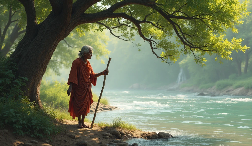 A poor Indian old woman with lathi in one hand near river under tree