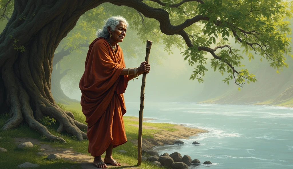 A poor Indian old woman with lathi in one hand near river under tree