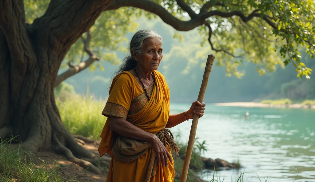 A poor Indian old woman with lathi in one hand near river under tree