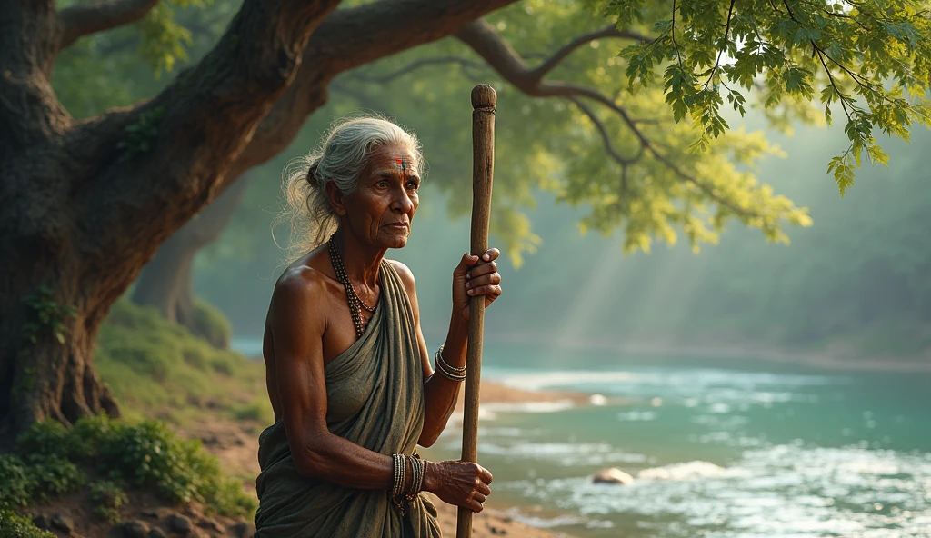 A poor Indian old woman with lathi in one hand near river under tree