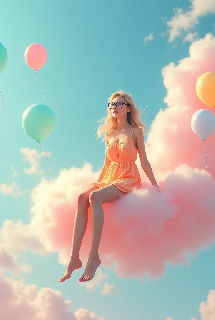 A Hyper realistic of a beautiful japanese girl, blond long wavy hair, black round glasses, slender body, sexy body, wearing pastel orange mini sun dress, beautiful sexy legs, sitting front view and rilex on flying fluffy soft pastel pink cloud that has lots of colorful pastel balloons on it, legs hanging down.
Pastel pink background, she's happy, laughing and enjoying flying with the cloud. Other fluffy soft pastel pink cloud surround it. Photo real, ultra HD, ultra realistic, highly detailed