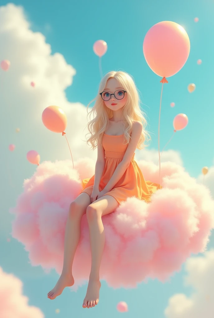 A Hyper realistic of a beautiful japanese girl, blond long wavy hair, black round glasses, slender body, sexy body, wearing pastel orange mini sun dress, beautiful sexy legs, sitting front view and rilex on flying fluffy soft pastel pink cloud that has lots of colorful pastel balloons on it, legs hanging down.
Pastel pink background, she's happy, laughing and enjoying flying with the cloud. Other fluffy soft pastel pink cloud surround it. Photo real, ultra HD, ultra realistic, highly detailed
