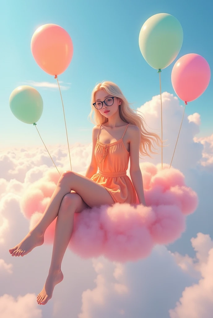A Hyper realistic of a beautiful japanese girl, blond long wavy hair, black round glasses, slender body, sexy body, wearing pastel orange mini sun dress, beautiful sexy legs, sitting front view and rilex on flying fluffy soft pastel pink cloud that has lots of colorful pastel balloons on it, legs hanging down.
Pastel pink background, she's happy, laughing and enjoying flying with the cloud. Other fluffy soft pastel pink cloud surround it. Photo real, ultra HD, ultra realistic, highly detailed