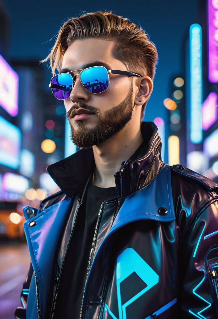 An anime-style portrait of a young man with a light brown low fade haircut, a neatly groomed beard (not too short), and wearing reflective blue-tinted sunglasses. He is dressed in a black cyberpunk-style jacket with futuristic details, set against a high-tech, neon-lit city backdrop. The overall vibe is cool and confident, with sleek cyberpunk aesthetics and a vibrant color scheme that includes blues and purples from the reflections and city lights.