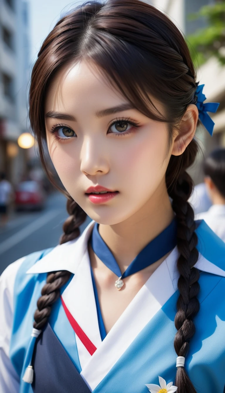 8k, Ultra-high resolution, Highest quality, masterpiece, 三分割法によるphotograph,Surreal, photograph,One Woman, (:1.3), cute, cute顔, 細部までBeautiful Eyes, 細かくdetailedに,masterpiece,One Girl:1.2,Japanese women,kindergarten,close up,glaring,Black hair,braid,(twin braids:1.0),ID photo,(kindergarten uniforms:1.3),Eccentric,Future City,white collar,((Colorful Fashion)),(Beautiful attention to detail),Subtle details, detailedな顔,anger,Attractive eyes,(ポートレートphotograph:1.4),(Photorealistic images:1.4),Fantasy art,(Beautiful Face:1.4),美しくAttractive eyes、Beautiful Eyes,Silver residue,(Tight waist:1.4)、(Beautiful with perfect body proportions:1.4),Pink Lips,profile,(((Ideal body type))),A-cup small breasts :2,、Portraiture:2、Perfect Anatomy、鮮明なdetailed、detailed,Fashion magazine cover,Thin lips,完璧でBeautiful Face ,完璧でcute顔, Skin with attention to detail, Perfect limbs、Narrow waist,Surreal,Light and shadow,spotlight