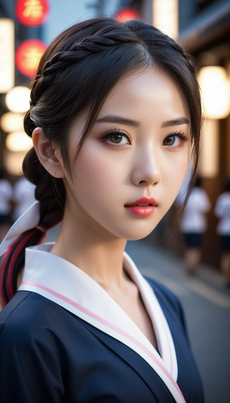 8k, Ultra-high resolution, Highest quality, masterpiece, 三分割法によるphotograph,Surreal, photograph,One Woman, (:1.3), cute, cute顔, 細部までBeautiful Eyes, 細かくdetailedに,masterpiece,One Girl:1.2,Japanese women,kindergarten,close up,glaring,Black hair,braid,(twin braids:1.0),ID photo,(kindergarten uniforms:1.3),Eccentric,Future City,white collar,((Colorful Fashion)),(Beautiful attention to detail),Subtle details, detailedな顔,anger,Attractive eyes,(ポートレートphotograph:1.4),(Photorealistic images:1.4),Fantasy art,(Beautiful Face:1.4),美しくAttractive eyes、Beautiful Eyes,Silver residue,(Tight waist:1.4)、(Beautiful with perfect body proportions:1.4),Pink Lips,profile,(((Ideal body type))),A-cup small breasts :2,、Portraiture:2、Perfect Anatomy、鮮明なdetailed、detailed,Fashion magazine cover,Thin lips,完璧でBeautiful Face ,完璧でcute顔, Skin with attention to detail, Perfect limbs、Narrow waist,Surreal,Light and shadow,spotlight